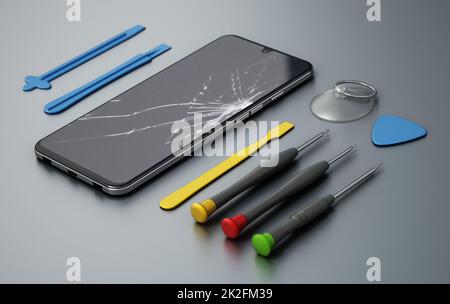 Reparieren Sie Werkzeuge und Smartphones mit defekten Bildschirmen, die auf grauem Hintergrund isoliert sind. 3D Abbildung Stockfoto