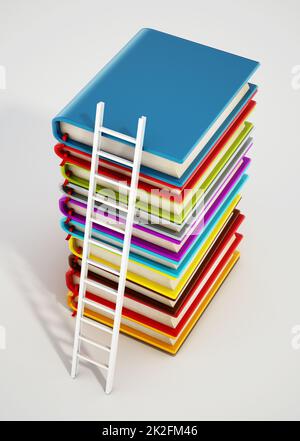 Leiter und Haufen farbenfroher Bücher. 3D Abbildung Stockfoto