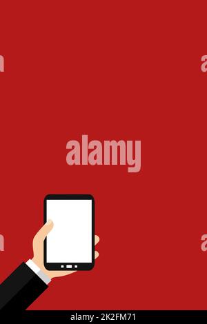 Mann mit Smartphone – rotes flaches Banner Stockfoto