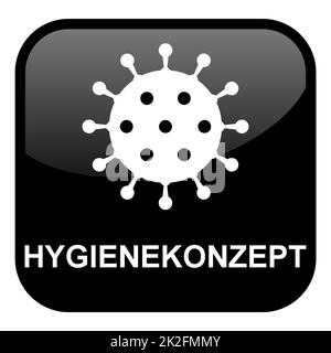 Hygienekonzept deutsch-Covid-19-Symbol auf schwarzem Knopf Stockfoto