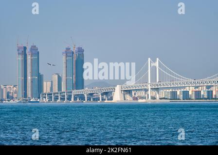 Gwangan Brücke und Wolkenkratzer in Busan, Südkorea Stockfoto