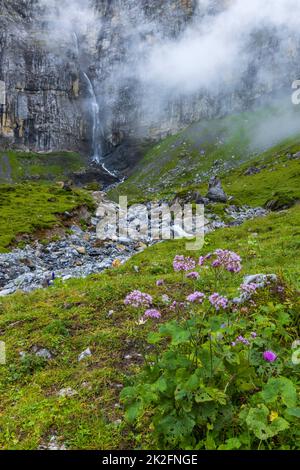 Typische Alpenlandschaft mit Wasserfällen, Schweizer Alpen bei Klausenstraße, Spiringen, Kanton Uri, Schweiz Stockfoto