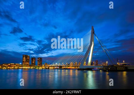 Blick auf die Erasmusbrug-Brücke und die Skyline von Rotterdam. Rotterdam, Niederlande Stockfoto