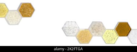 Chemischer Inhaltsstoff in hexagonalem molekularförmigem Behälter. Natriumsulfid-Flocken, Mikrokristallines Wachs, Carnaubawachs, Cetyl-Ester-Wachs, Candelillawachs, Flake Salz, Schwefelpulver und Curcuma Powder. Stockfoto