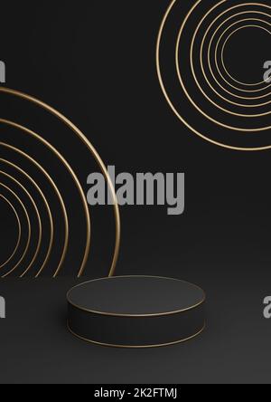 Schwarz, dunkelgrau, schwarz und weiß 3D-Rendering minimaler Produktanzeige luxuriöses Zylinderpodium oder Produkthintergrund abstrakte Komposition mit goldenen Linien und Kreisen Stockfoto