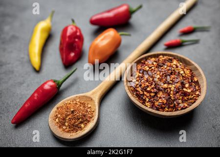 Auswahl an frischen und getrockneten Chili-Paprika Stockfoto