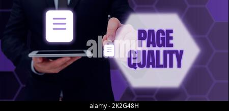 Schreiben mit Anzeige von Text Seitenqualität. Geschäftsidee Wirksamkeit einer Website in Bezug auf Aussehen und Funktion Stockfoto