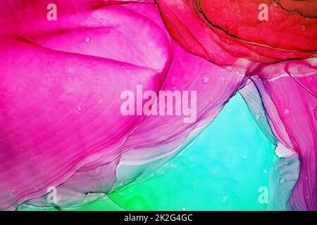 Alkoholtinte pink, blau, rot abstrakter Hintergrund. Hochauflösende Aquarelltinte, Hintergrund. Kopierbereich für Text, Design. Pinselstrich auf pape Stockfoto
