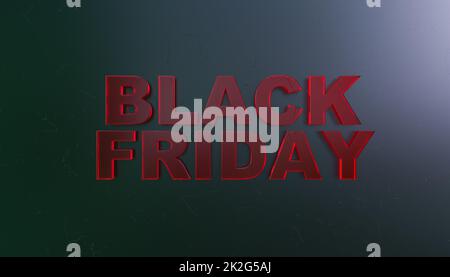 3D Darstellung von roten Glasbriefen mit schwarzer Freitagsschrift auf grauem Hintergrund Stockfoto