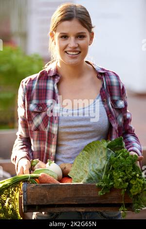 Mit Glück geerntet. Porträt einer glücklichen jungen Frau, die eine Kiste voll frisch gepflückten Gemüses in der Hand hält. Stockfoto