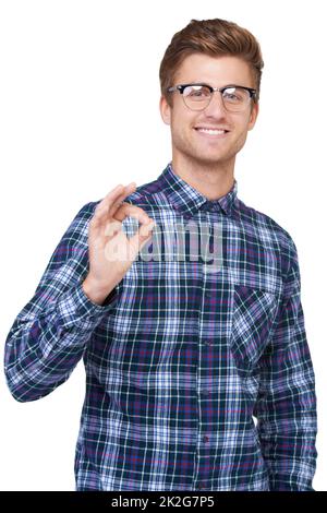 Gut gemacht, perfekt. Porträt eines hübschen jungen Hipsters, der gestikuliert hat, dass es okay ist. Stockfoto