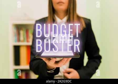 Hand schreiben Zeichen Budget Buster. Geschäftsansatz sorgenfreie Ausgaben Gewinne unnötige Einkäufe Überausgaben Stockfoto