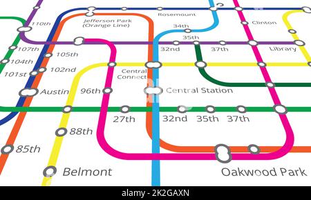 Route wird kartiert. Zugeschnittene Ansicht einer Karte der U-Bahnlinien. Stockfoto