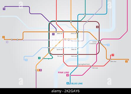 Route wird kartiert. Zugeschnittene Ansicht einer Karte der U-Bahnlinien. Stockfoto