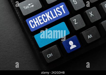 Checkliste zur Inspiration mit Schild. Wort, das auf der Liste der detaillierten Aktivitäten als Leitfaden für das Handeln steht Stockfoto