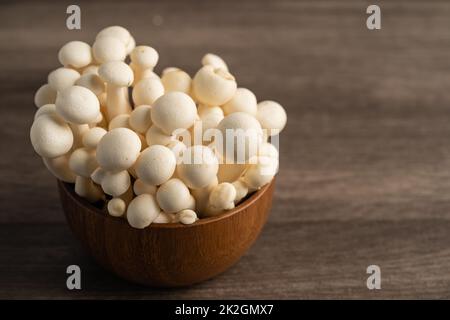 Shimeji, frische weiße Bunapi-Pilze aus Asien in einer Holzschale. Stockfoto