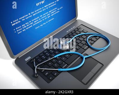 Stethoskop auf Laptop-Computer mit blauem Bildschirm auf dem Display Stockfoto