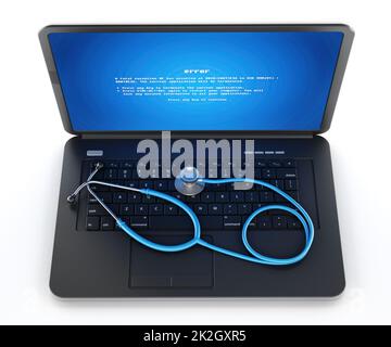 Stethoskop auf Laptop-Computer mit blauem Bildschirm auf dem Display Stockfoto