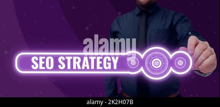 Handschrift Zeichen Seo Strategie. Wort für Techniken und Taktiken, um die Besucher einer Website zu erhöhen Stockfoto