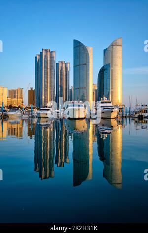 Busan Hafen mit Yachten auf Sonnenuntergang, Südkorea Stockfoto