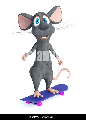 3D-Rendering einer Cartoon-Maus beim Skateboarden. Stockfoto