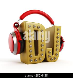 Rote Kopfhörer auf goldenem DJ-Wort Stockfoto
