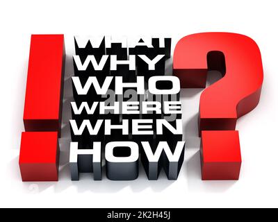 Fragewörter, Frage- und Ausrufezeichen auf weißem Hintergrund Stockfoto