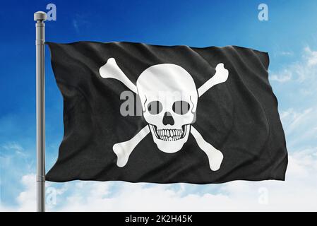 Piratenflagge auf blauem Hintergrund Stockfoto