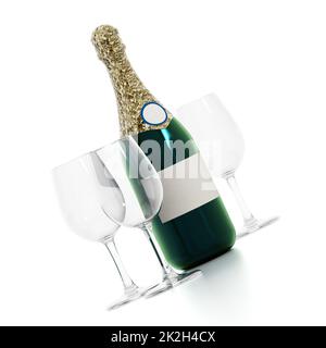 Flasche Champagner und Gläser Stockfoto