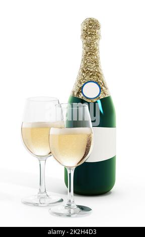 Flasche Champagner und Gläser Stockfoto