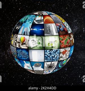 Der Globus ist mit Fernsehbildschirmen bedeckt Stockfoto
