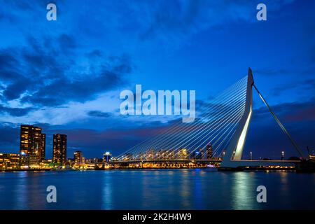 Blick auf die Erasmusbrug-Brücke und die Skyline von Rotterdam. Rotterdam, Niederlande Stockfoto