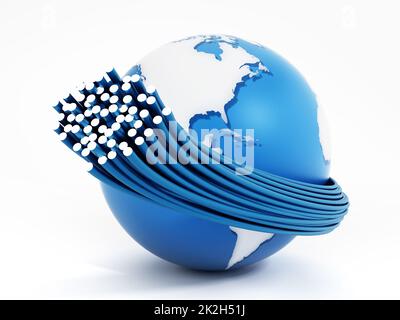 Glasfaserkabel rund um den Globus isoliert auf weißem Hintergrund. 3D Abbildung Stockfoto