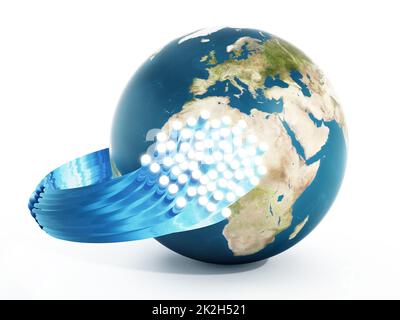 Glasfaserkabel rund um den Globus isoliert auf weißem Hintergrund. 3D Abbildung Stockfoto
