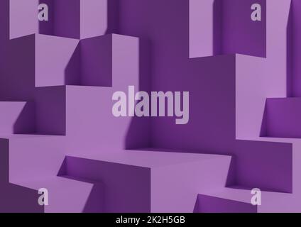 Minimaler violetter Hintergrund 3D Studio Mockup-Szene mit Podien und Ebenen für die Produktanzeige und -Präsentation. Geometrisches Horizontales Architektonisches Hintergrundbild. Stockfoto