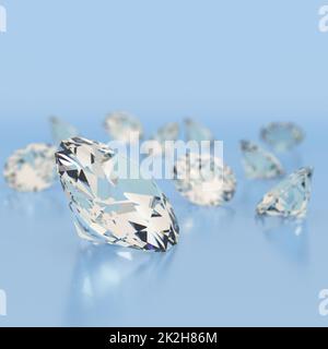 Glänzende weiße Diamanten auf blauem Hintergrund. Stockfoto