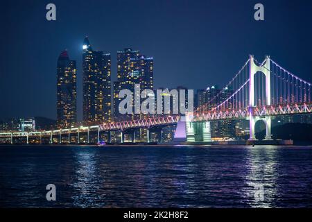 Gwangan Brücke und Wolkenkratzer in der Nacht. Busan, Südkorea Stockfoto