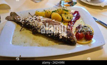 Gebratene Forelle - mit gekochten Kartoffeln und Salat Stockfoto