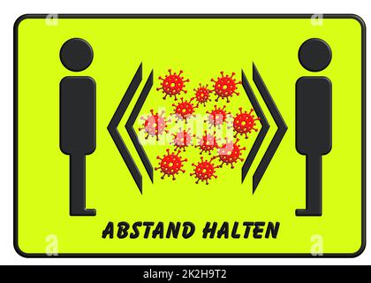 Warnschild „Abstand halten“ Schutz vor COVID 19 Stockfoto