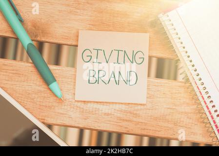 Textschild mit der Angabe der Marke. Geschäftsidee der Prozess der Benennung von Produkten oder Dienstleistungen eines Unternehmens Stockfoto