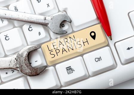 Konzeptionelle Darstellung Spanisch lernen. Wort, das auf der Übersetzungssprache in Spanien geschrieben wurde Vokabeldialektalektsprache Stockfoto