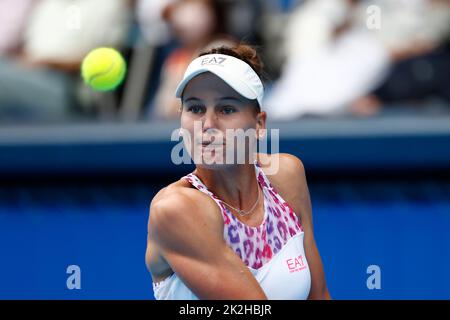 Tokio, Japan. 23. September 2022. Veronika KUDERMETOVA trifft beim TORAY PAN PACIFIC OPEN TENNISTURNIER 2022 im Ariake Coliseum gegen Beatriz HADDAD MAIA (BRA) im Einzel-Viertelfinale eine Rückkehr. Das Turnier findet vom 17. Bis 25. September statt. Stockfoto