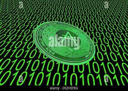 Grüner Binärcode und eine wertvolle grüne ada-Münze aus cardano Crypto Currency Oblique Stockfoto