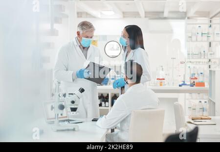 Problemlösung ist das, was sie am besten können. Aufnahme einer Gruppe von Wissenschaftlern, die in einem Labor zusammenarbeiten. Stockfoto