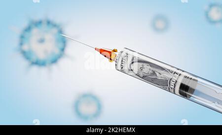 Kosten für Entwicklung und Entstehung der Coronavirus-Impfung. 3D Rendering Stockfoto