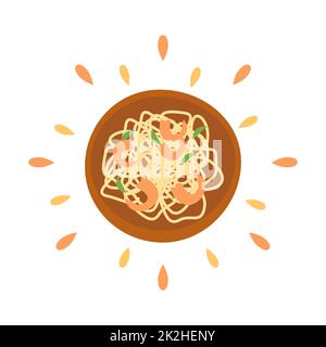 Abstrakte Ikone saftige Spaghetti mit Garnelen und Spritzer auf weißem Hintergrund - Vektor Stockfoto