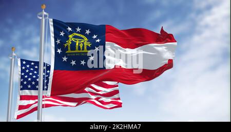 Die georgische Staatsflagge winkt zusammen mit der Nationalflagge der Vereinigten Staaten von Amerika Stockfoto