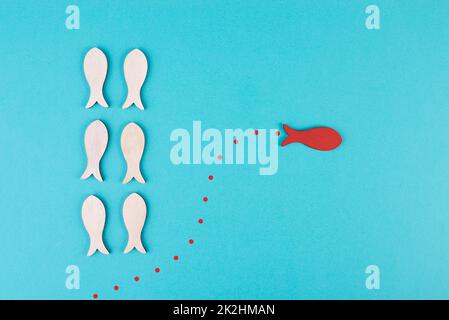 Ein roter Fisch schwimmt gegen den Strom, in entgegengesetzter Richtung der anderen Fische, ist anders, Führung und Denkweise Konzept Stockfoto