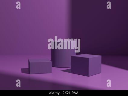 Einfache Minimal Purple drei Podium oder Ständer Zusammensetzung für Produktanzeige. Geometrische Form 3D Rendering Hintergrund mit Fensterlicht von der rechten Seite. Stockfoto