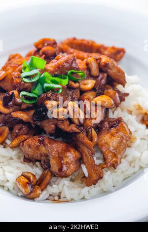 Chicken Kung pao mit Erdnüssen und Reis Stockfoto